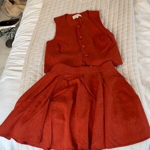Sezane Rust Red Sleeveless Button Vest & Pleated Skirt Set